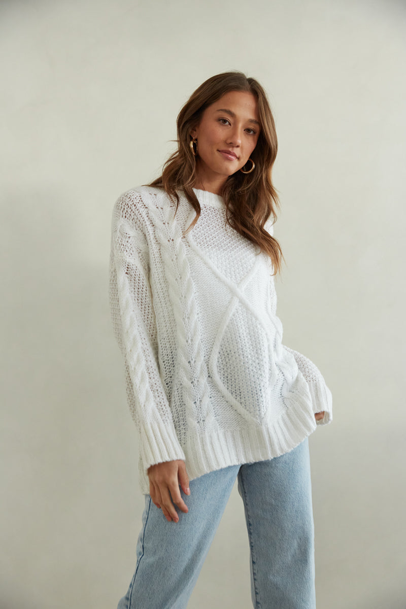 white oversize cable knit sweater - women's fashion