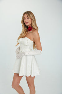 side view white jacquard satin bustier babydoll dress with strapless sweetheart neckline | valentine-image
