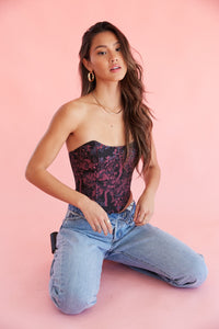strapless tapestry corset top outfit