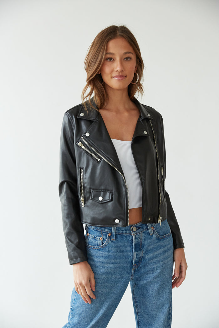 black faux leather biker jacket