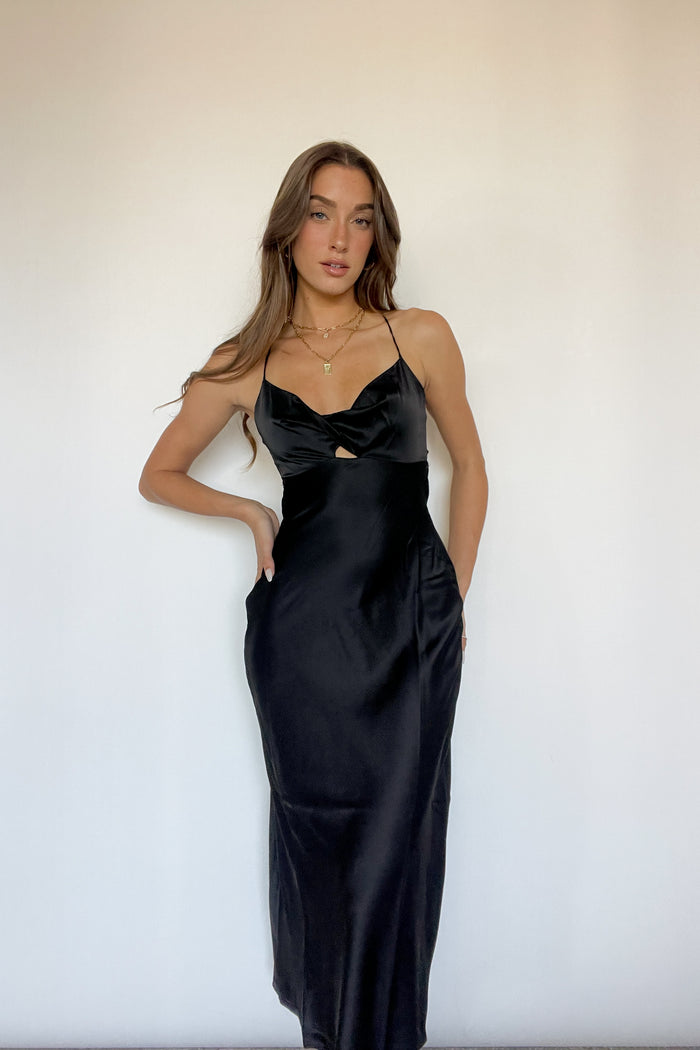 twist front black mini dress - black silk satin dress