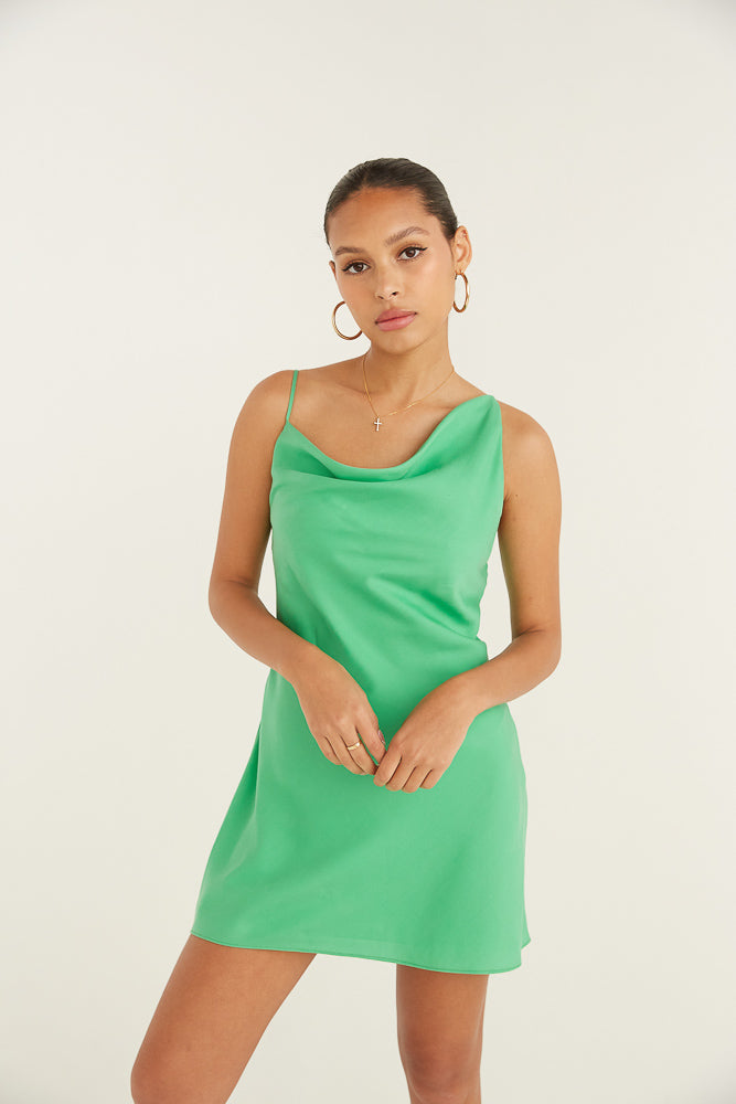 green asymmetrical slip dress
