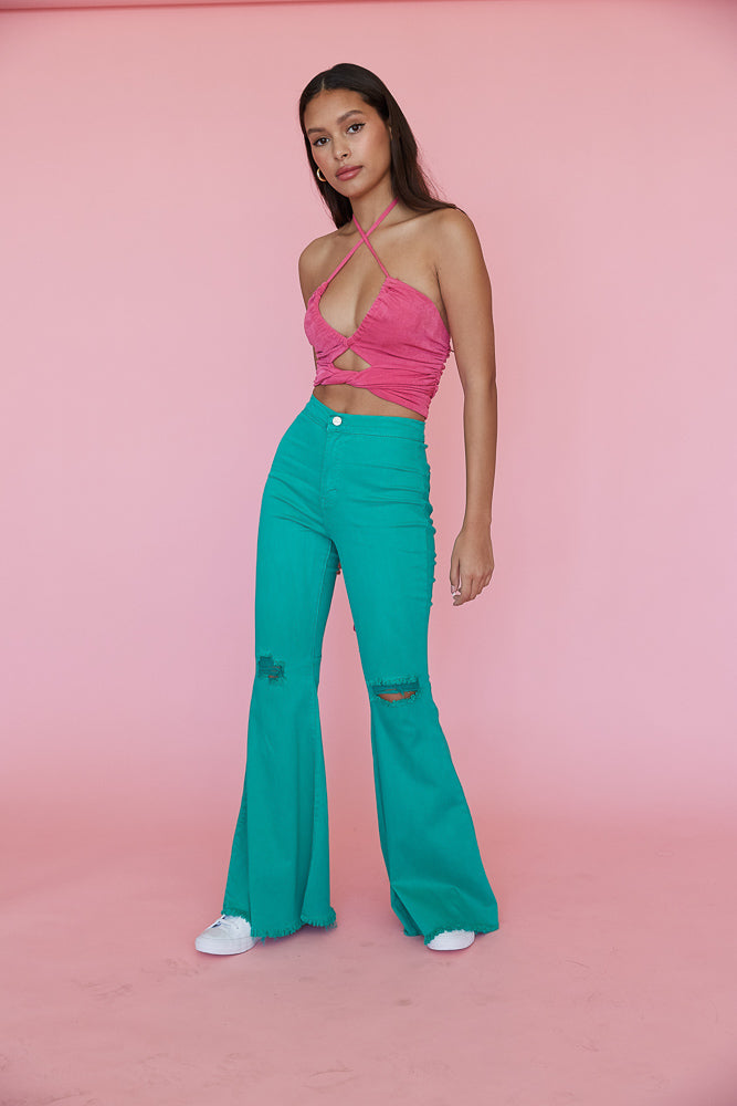 Green Knitted Flare Pants - Textured Pants - Cute Flared Pants