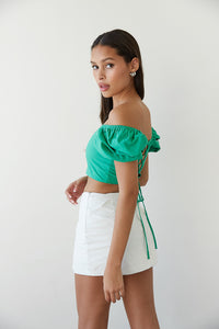 lace up back puff sleeve crop top