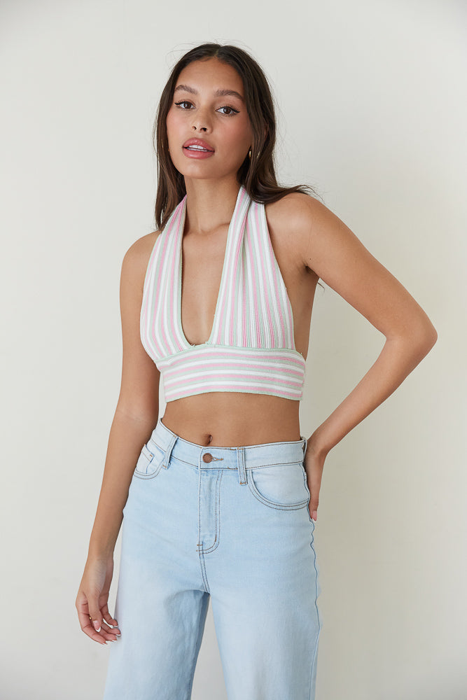 pink white green striped knit halter top