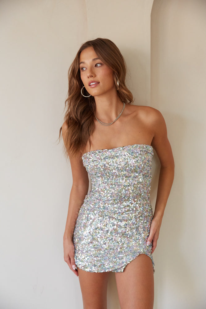 Silver Sequin Bodycon Mini Dress | Womens | X-Large (Available in XS) | 100% Polyester | Lulus | Some Stretch