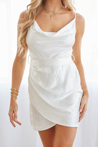 white silk mini dress with cowl neck