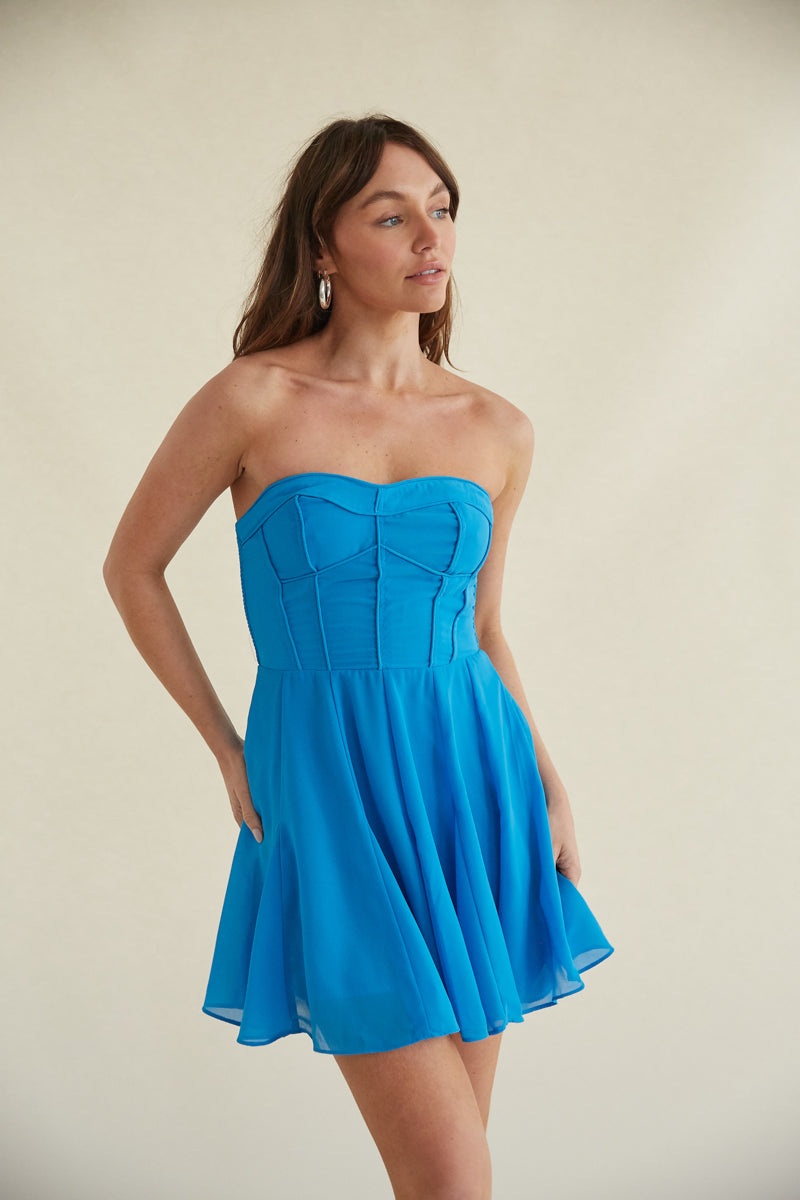 blue bustier fit n flare mini dress