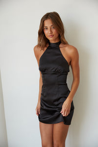 Isabel Satin Halter Mini Dress in Black • Threads Boutique Going Out Dresses  – americanthreads