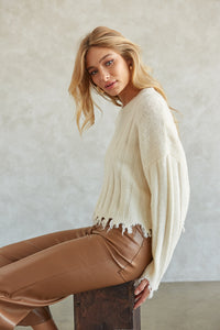 Mona Distressed Knit Sweater in Ivory