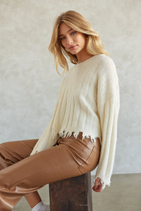 Mona Distressed Knit Sweater in Ivory