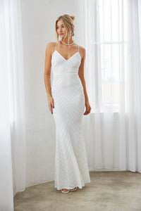 white sequin mermaid dress - white maxi dress for brides - wedding reception dress - white spaghetti strap maxi dress