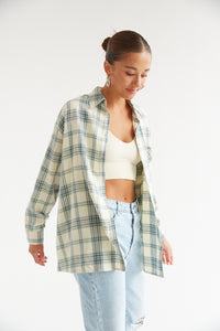 green and white oversized flannel shacket - fall fashion 2022