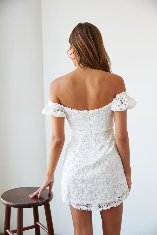 mini white lacey dress with puff sleeves | graduation dress