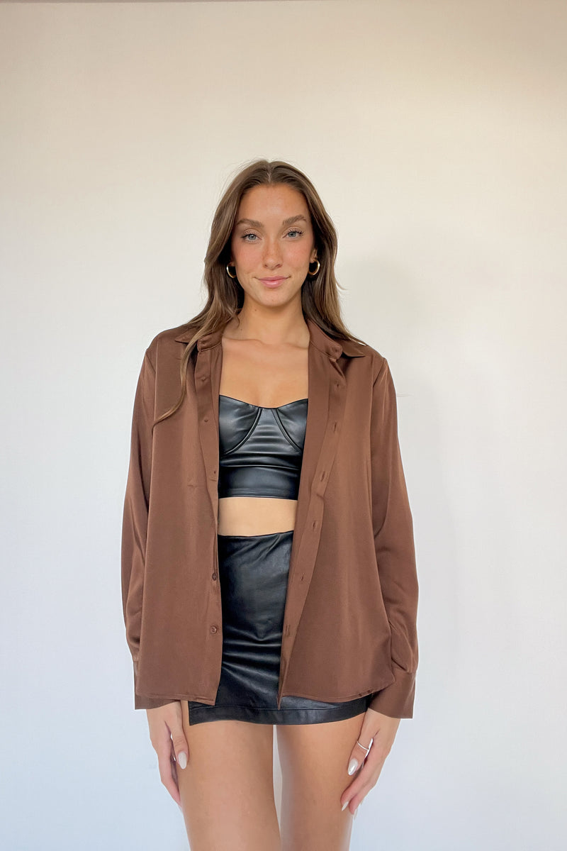 black and brown outfit - leather skirt and brown satin shirt 