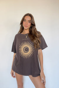 brown and gold oversize moon and sun graphic tee shirt - sunday skin