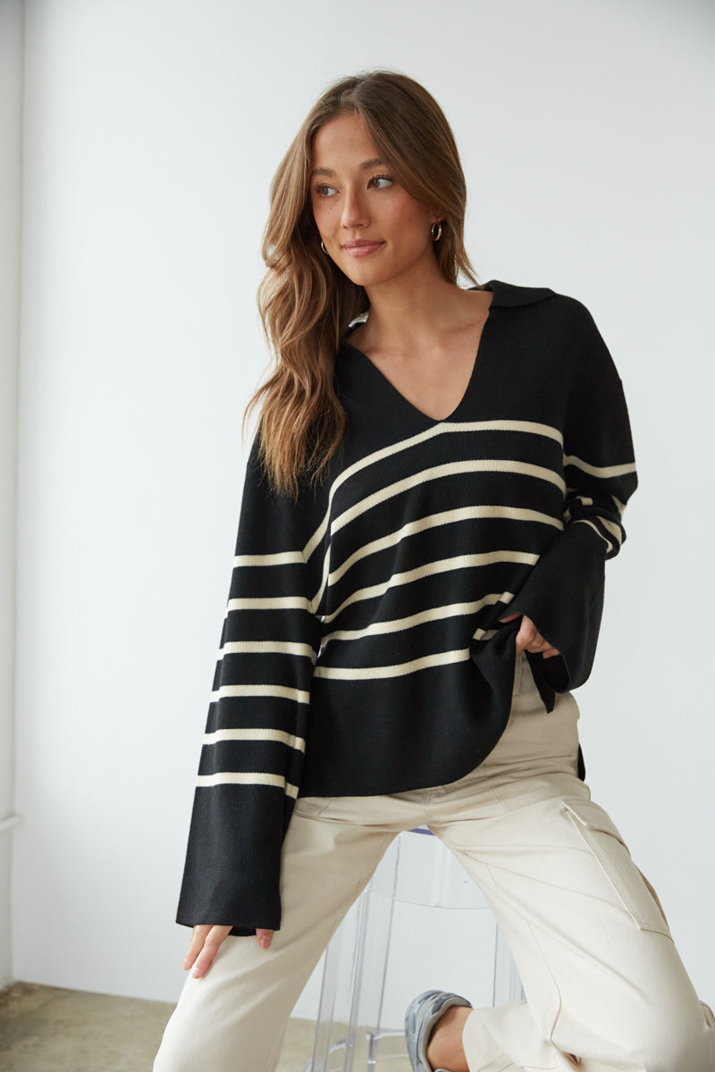 black and tan oversized knit polo sweater