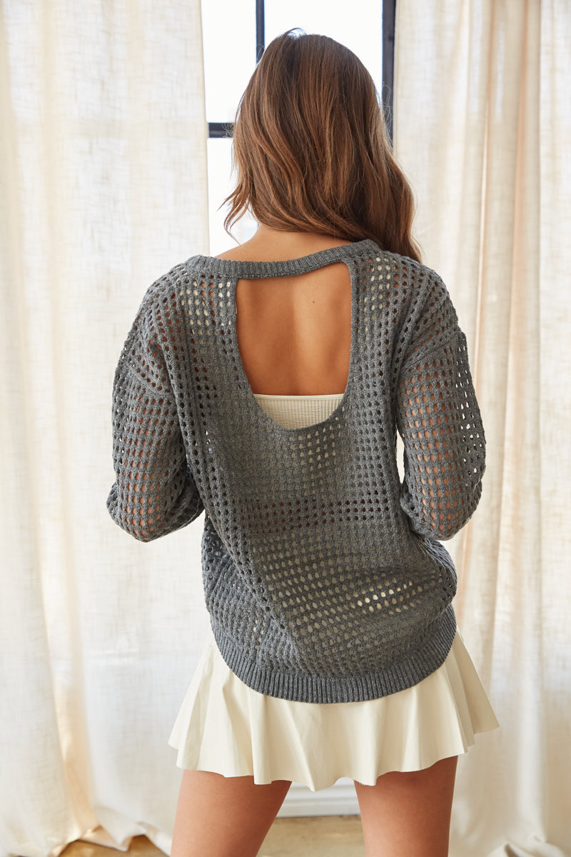 open back crochet knit top - grey open knit sweater for back to school - weekend outfit inspo