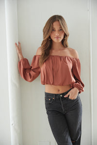 long sleeve off the shoulder crop top outfit