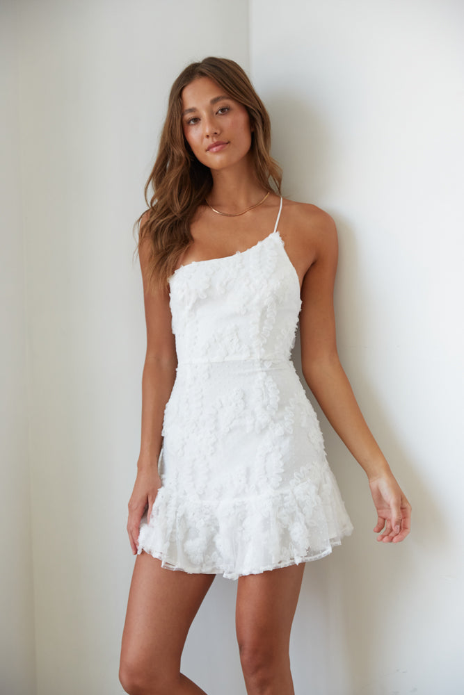 lacey white sorority recruitment dress with one shoulder spaghetti strap