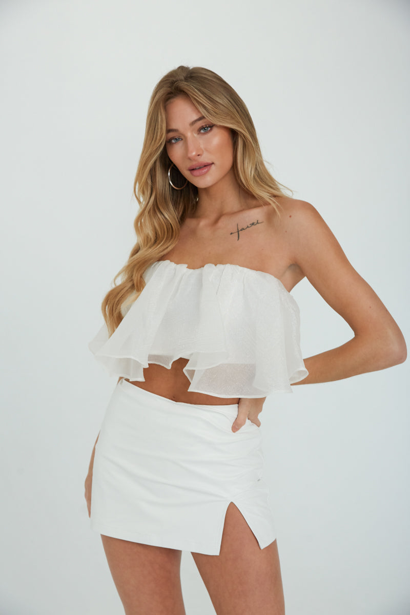 ivory organza crop top - strapless organza ruffle top - white strapless tube top - girly spring tops - white crop top for special events