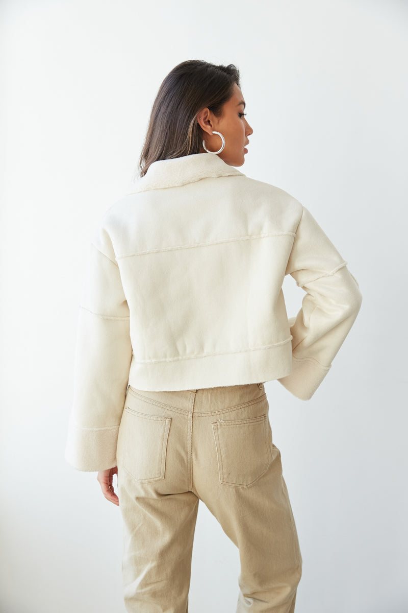 off white suede and sherpa jacket - cropped sherpa lined jacket - winter outerwear