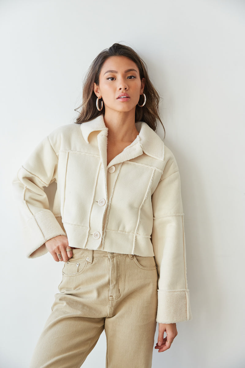 off white cropped sherpa jacket - cream suede jacket - cropped contrast stitch sherpa jacket