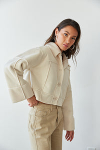 cream sherpa lined suede jacket - contrast stitch sherpa jacket - trendy cropped winter outerwear