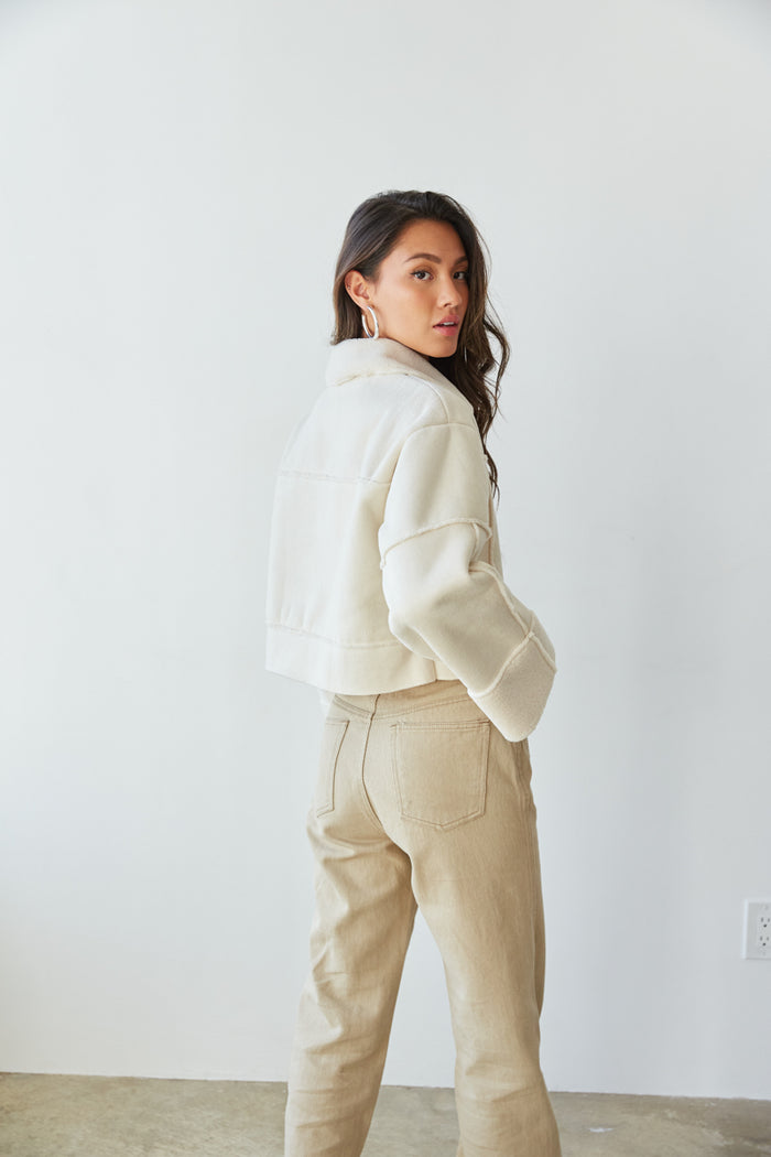 suede cropped jacket - creme sherpa lined cropped coat - cropped winter jacket