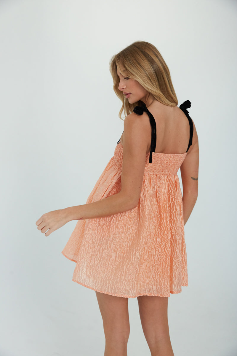 black tie strap babydoll dress - peach crinkle mini dress - orange satin mini dress