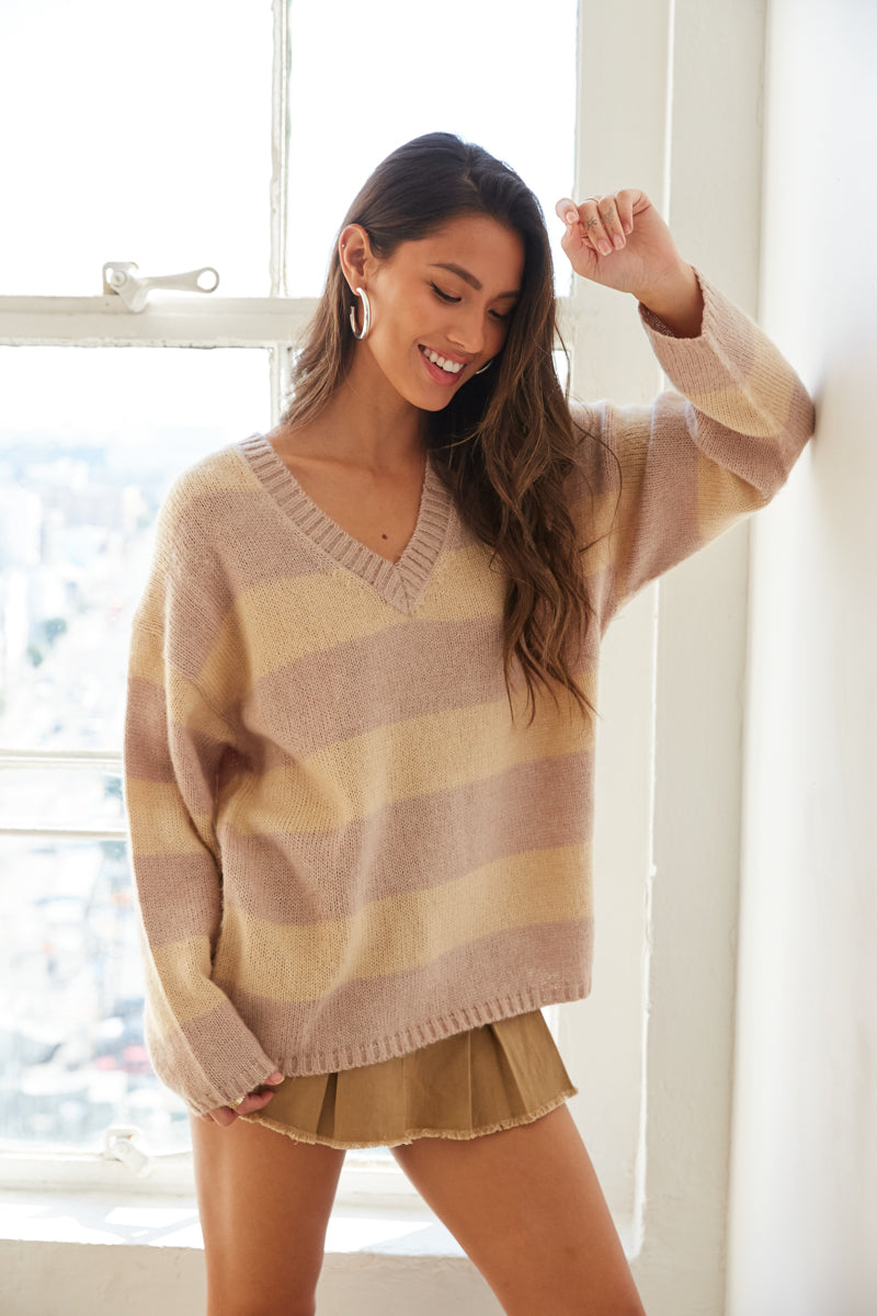 neutral oversized striped sweater - cute v neck sweater - loose sweater for winter