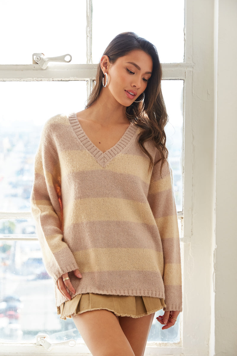 oversized v neck sweater - taupe and tan chunky sweater - stylish striped sweater