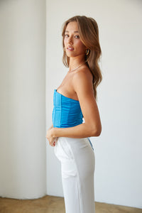 cobalt blue strapless corset top - summer trends 2023