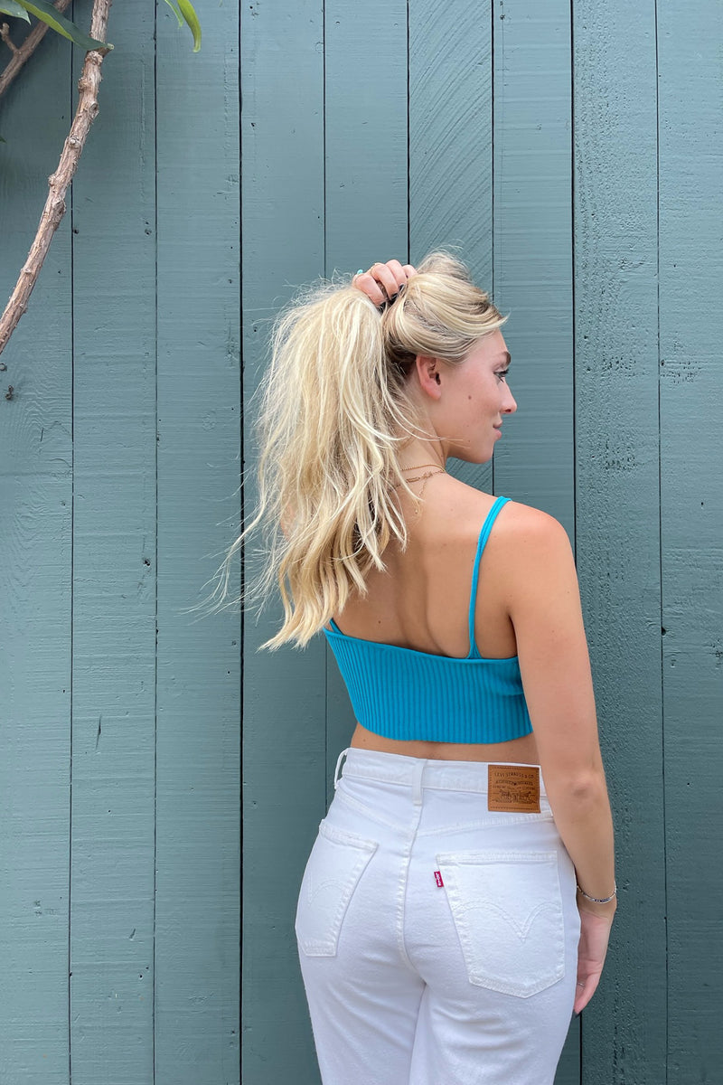 soft bright blue knit crop top - perfect top for shopping and brunch