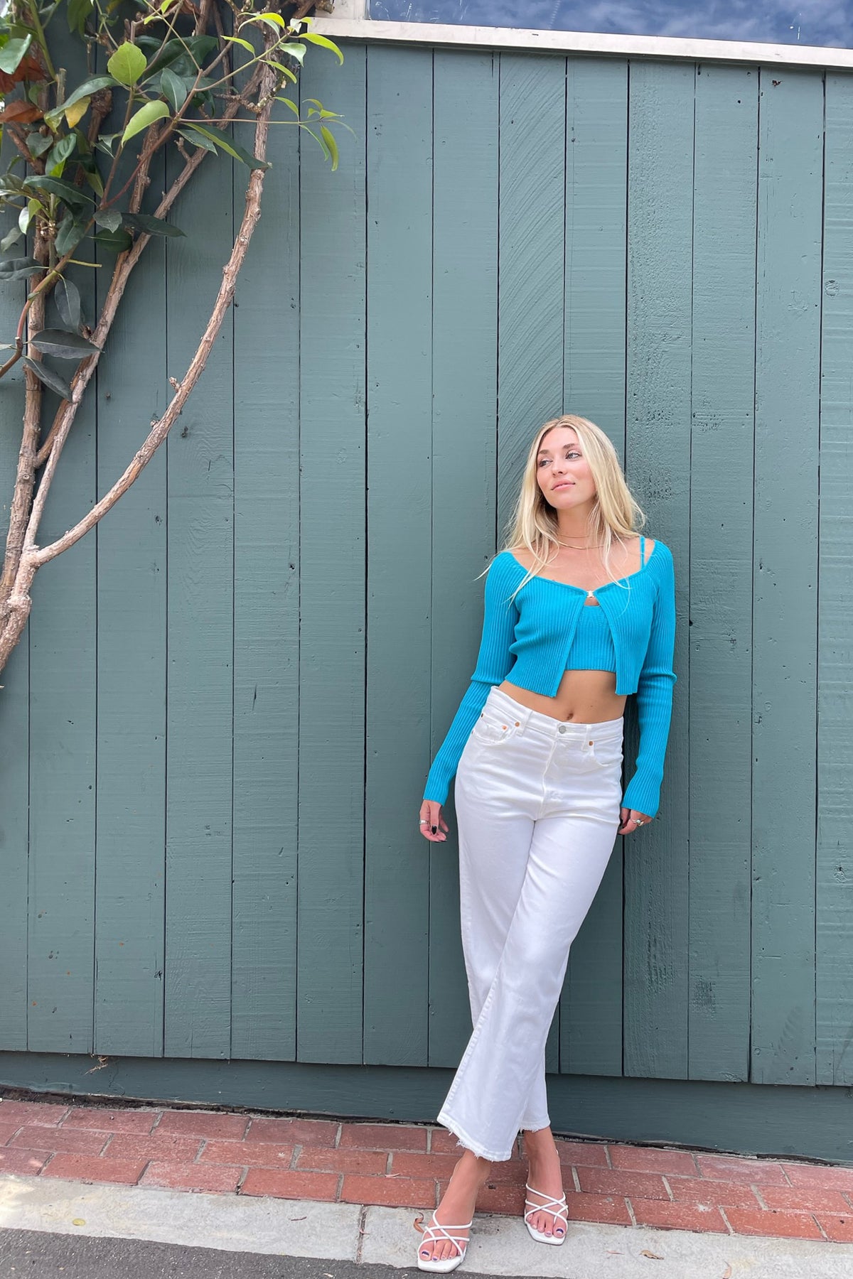 feminine ocean blue ribbed tank and cardigan - bright and flirty cropped top 