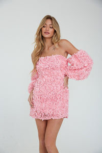 pink shift dress with off the shoulder puff sleeves