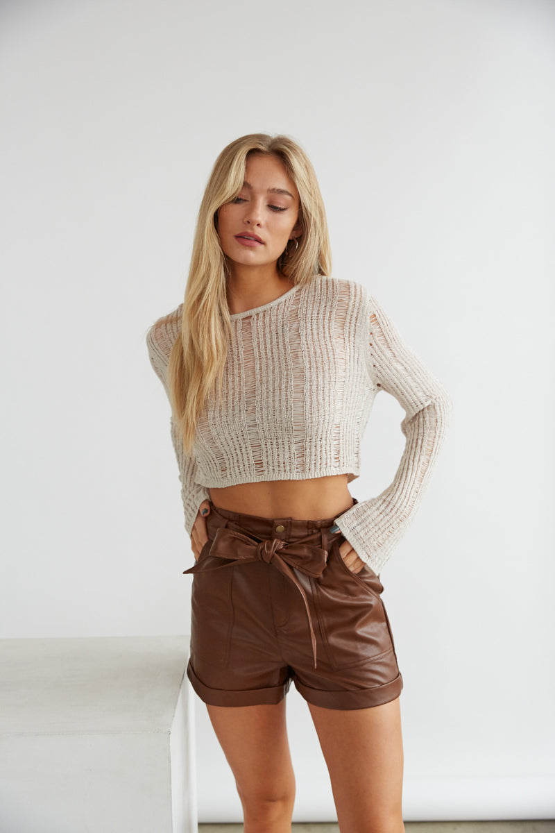brown vegan leather shorts with adjustable belt