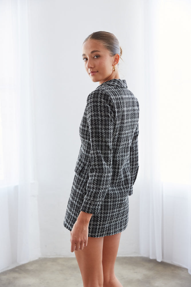 chanel dupe tweed blazer dress - black and white tweed double breasted blazer