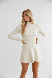 white mini dress - rib knit dress - fit and flare sweater dress