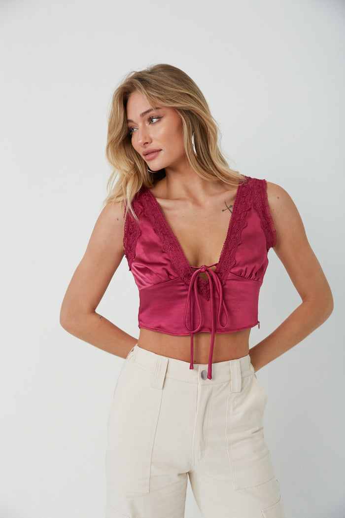 wine lace trim crop top