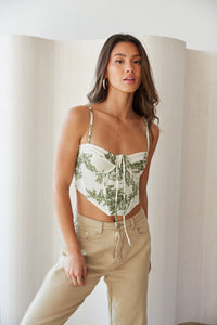 green and white floral corset top