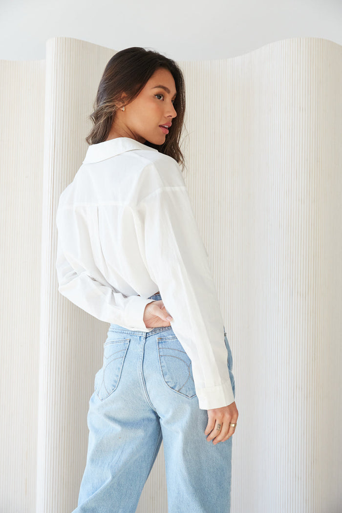 cropped white button uip shirt