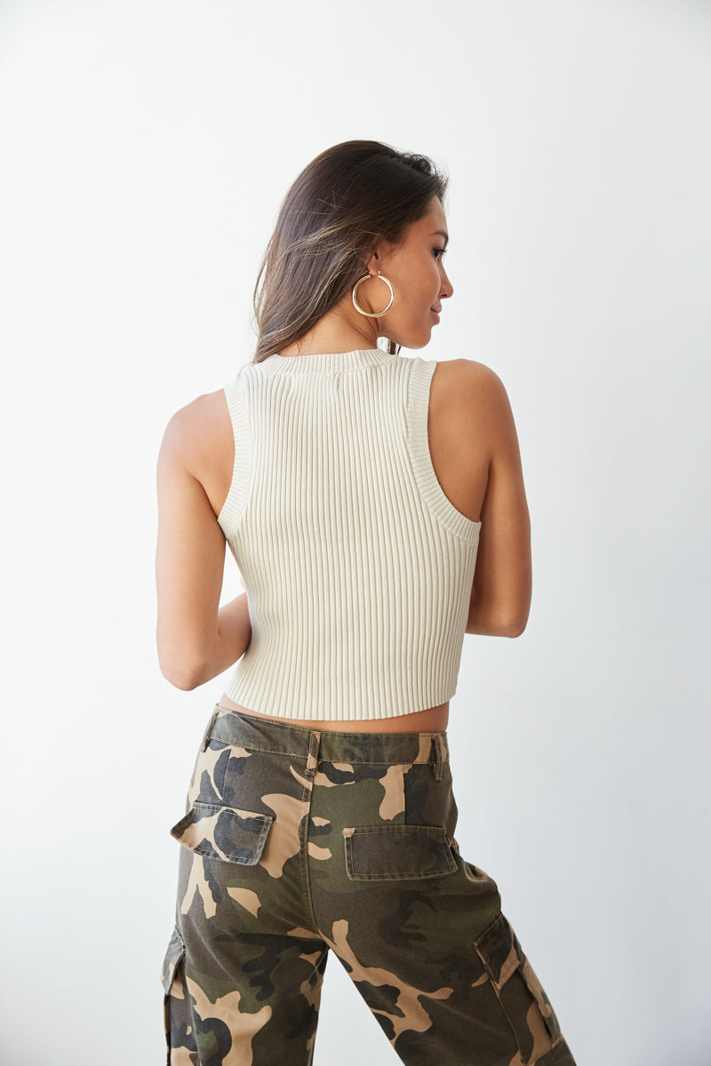 neutral ribbed tank top - everyday basic tank - creme sleeveless knit top