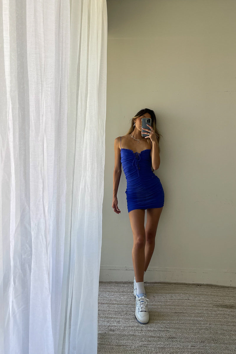blue mesh mini dress