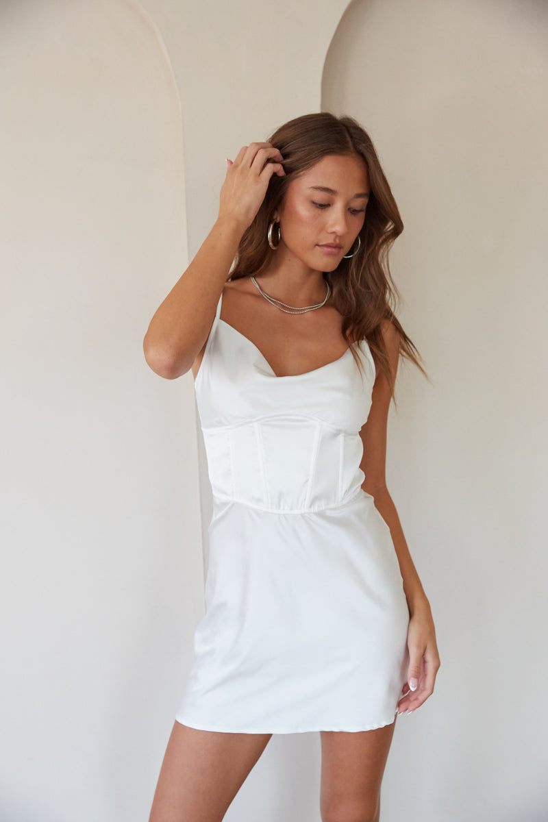 corset style white satin mini dress - sorority rush week outfit - halloween costume inspo - bridal shower style - weekend brunch outfits