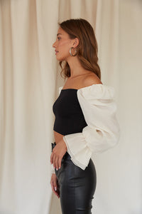 chiffon sleeve with sweater bodice in blush and black - back to school - school - school presentations - work - office