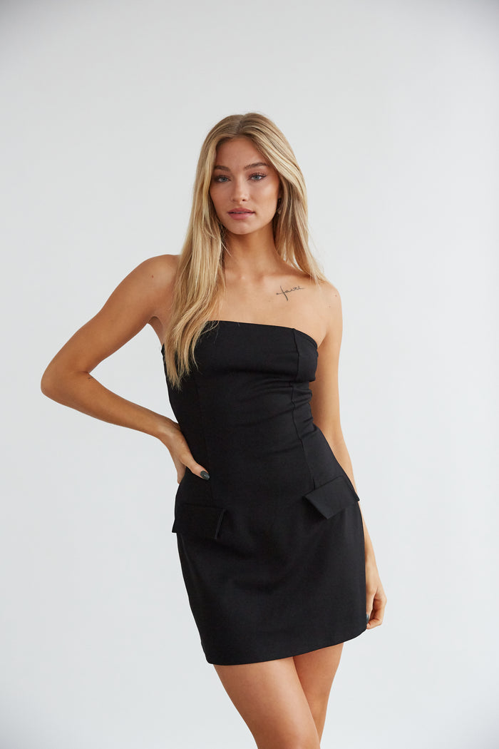 black mini dress with faux front pocket flaps  | black-image