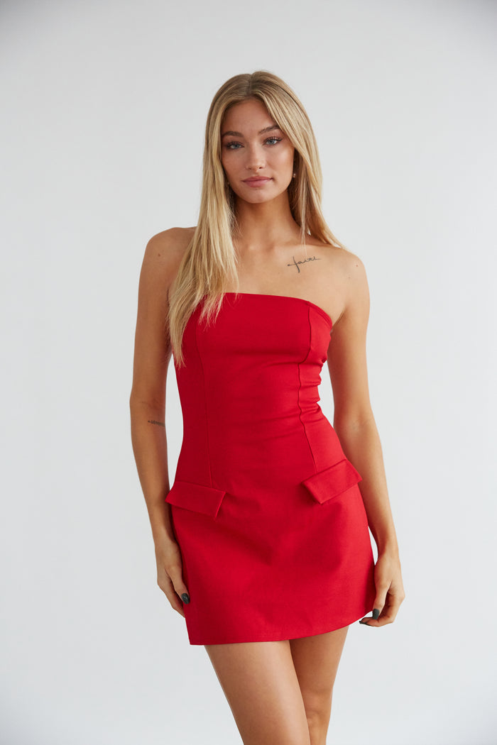 casual strapless red mini dress - bright red bodycon dress - halloween costume outfit inspo - red dresses for any occasion - flirty mini dress