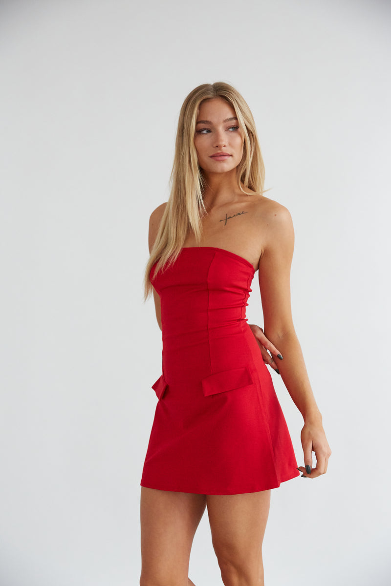 bright red mini dress - strapless bodycon dress - going out outfits - trendy mini dresses - girls night out outfit inspo 