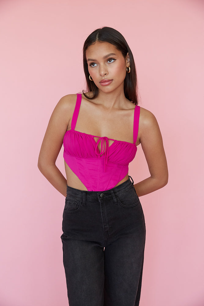 pink and black ruched corset crop top